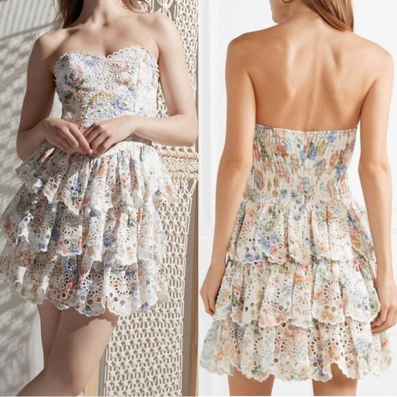 Zimmermann Bowie Ruffle Mini Dress Strapless Floral Linen Broderie Anglaise - Picture 1 of 9